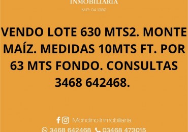VENDO TERRENO MONTE MAIZ - 630 MTS2 - TODOS LOS SERVCIOS.-